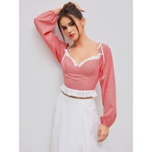 Cider Red Gingham Blouse Milkmaid Floral Cottagecore Corset Top Size Medium New